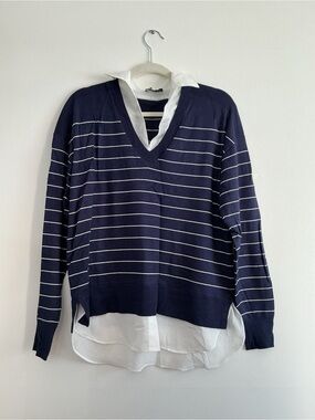 Hilary Radley Navy and White Striped V-Neck Pullover
